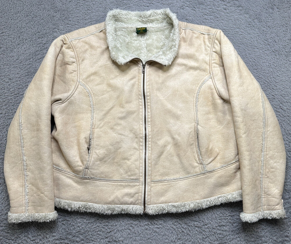 Cabelas Jacket Womens 2XL Beige Faux Suede Sherpa Lined Full Zip